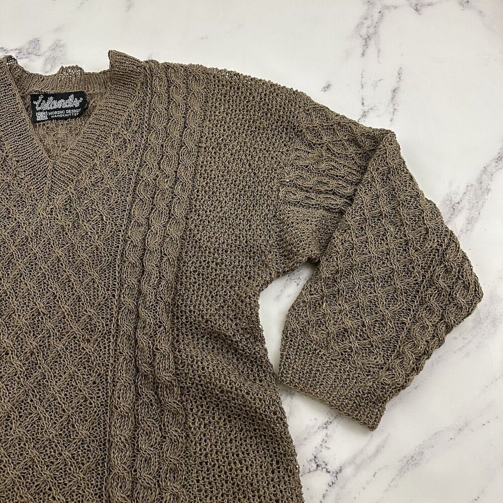 Nordic Design Hand Knitted Womens Sweater Size L Taupe Gray Open Knit Pullover - Picture 3 of 11